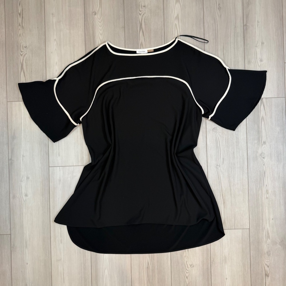 Calvin Klein Womens 2X Black White Piping Tunic Top Blouse W7EBT915 Bell Sleeve